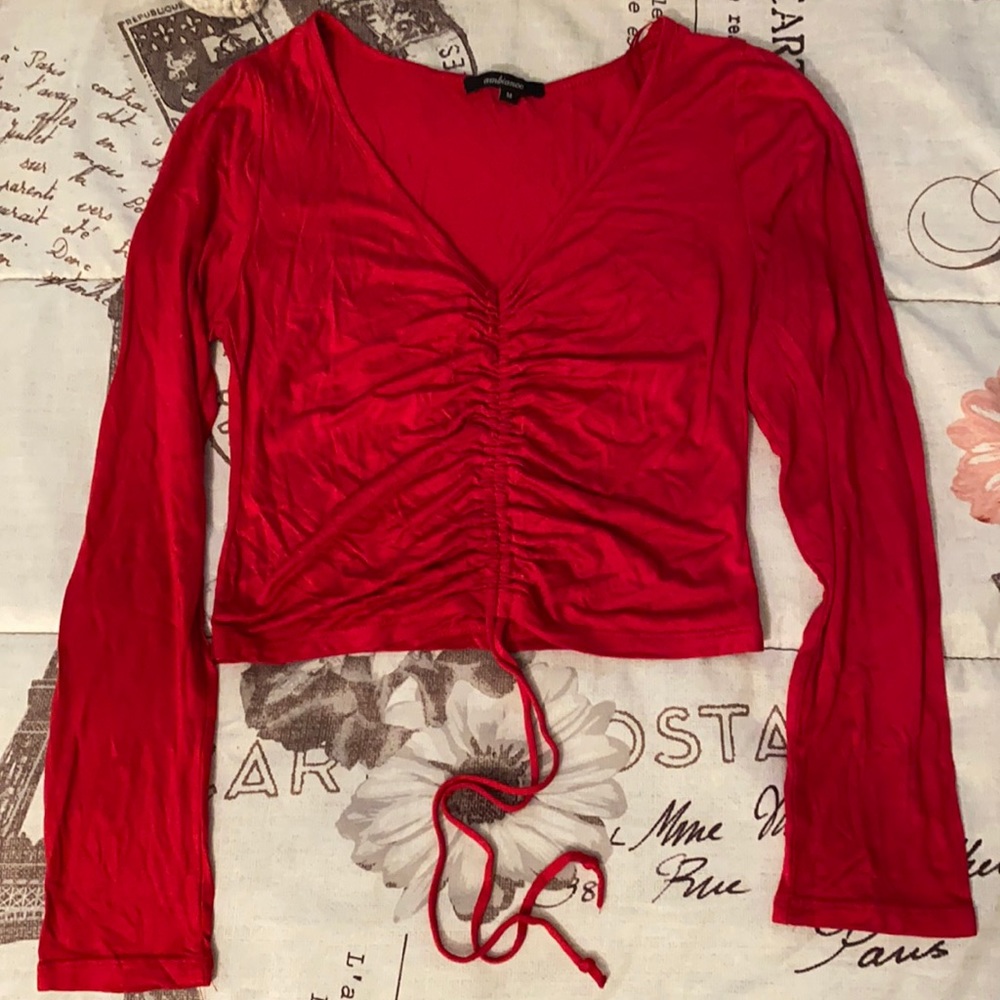Long Sleeve Ruched Draw String Red Top